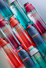 Frascos de Natura Kaiak en tonos de azul y rojo alineados sobre fondo claro, con los nombres de las fragancias visibles.