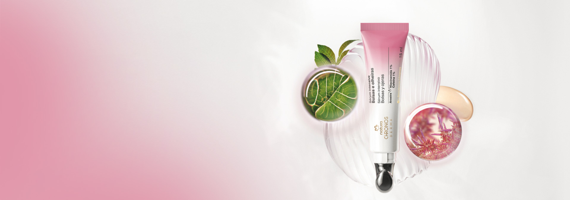 Fondo en tonos lilas y a la derecha el Sérum Intensivo para Bolsas y Ojeras Natura Chronos.