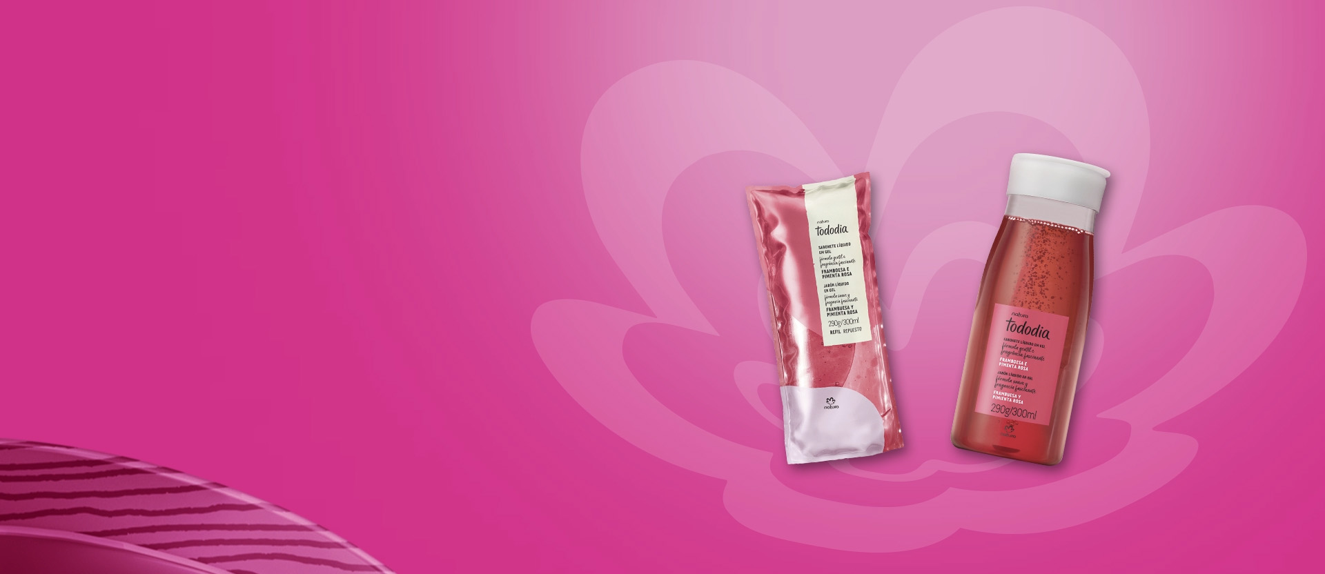 Banner animado con fondo rosa y una flor, símbolo de la marca. Presenta productos como gel de baño y crema hidratante. Texto: Ofrecemos una experiencia moderna y ágil para ti.