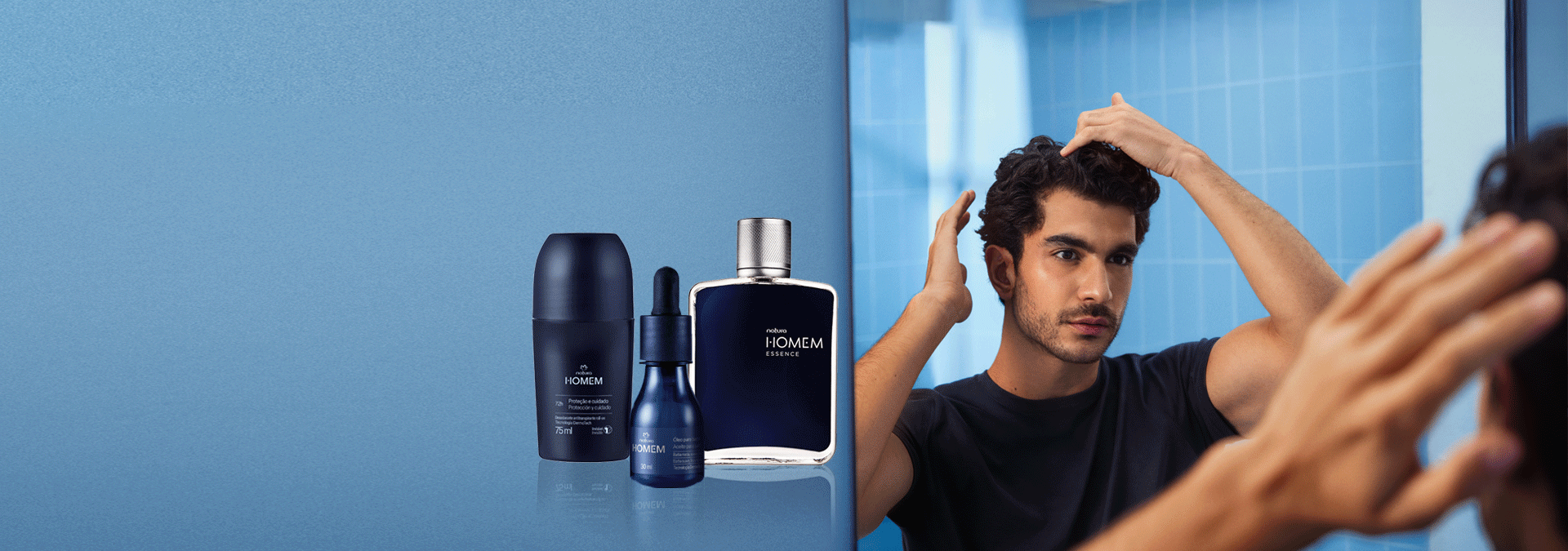 Fondo gris de piedra con productos de la línea de Natura Homem al lado derecho de la imagen