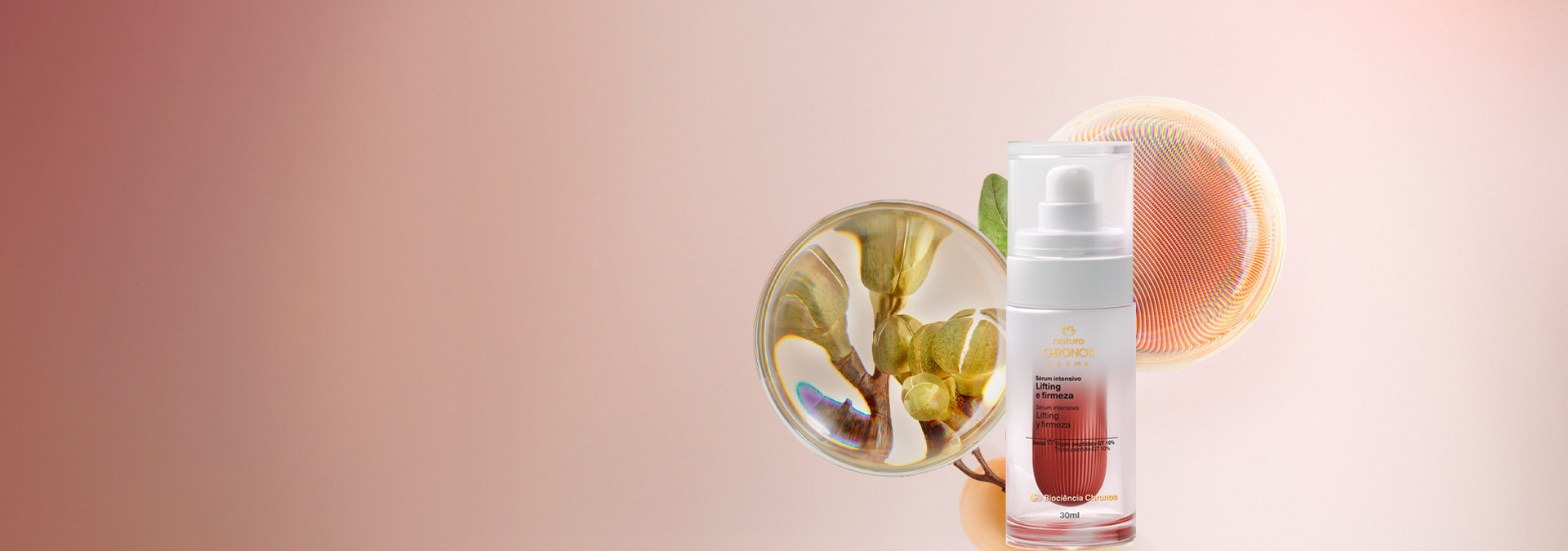 Fondo marrón y blanco con tonos claros y a la derecha el Sérum Intensivo Lifting & Firmeza Chronos con el bioactivo del producto.