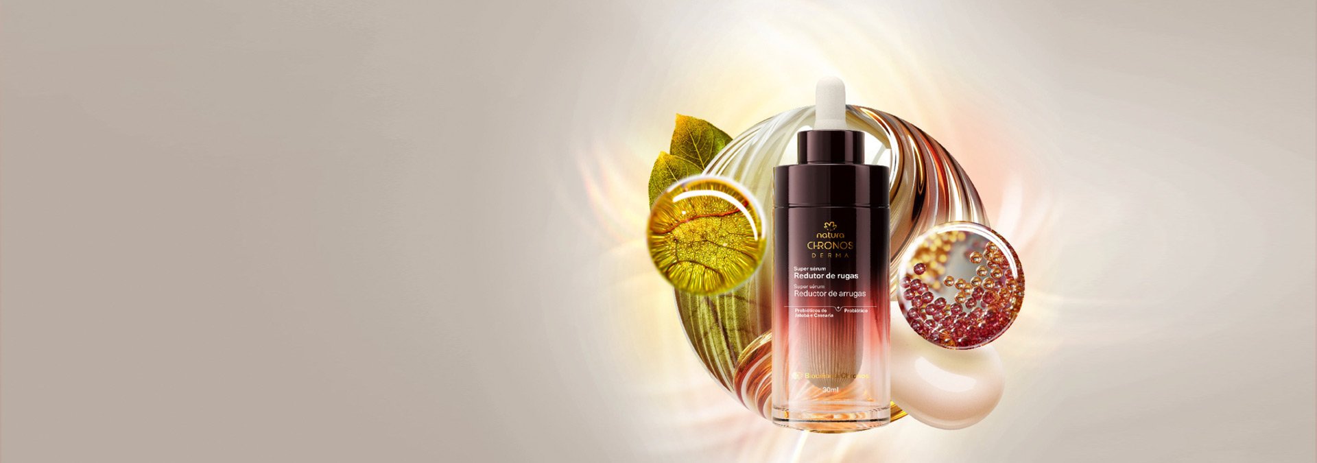 Imagen con fondo rosa claro y a la derecha el Super Sérum Reductor de Arrugas.