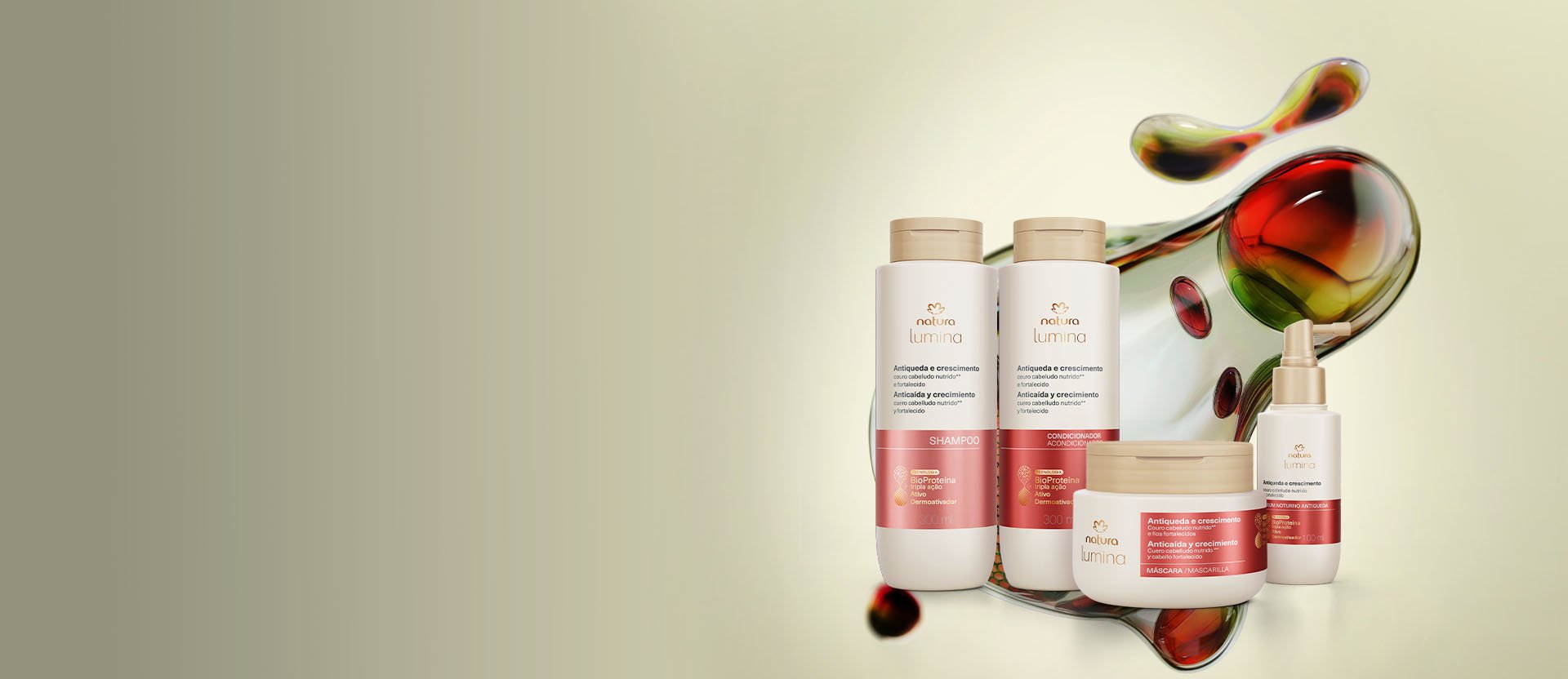 Video con fondo blanco, mostrando las líneas de productos Natura Lumina deslizándose por el lado derecho de la pantalla.