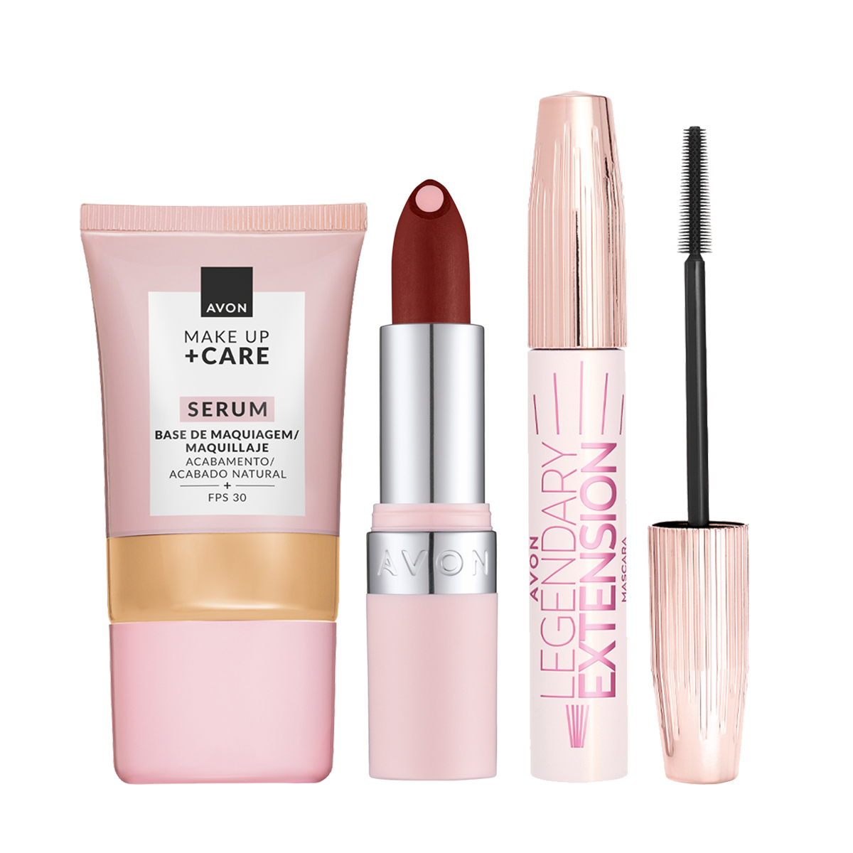 Set x3 Base Serum Acabado Natural | Avon 230 NF (Natural Beige) + Máscara para Pestañas Legendary Extension + Lápiz Labial Hydramatic Matte - Nude | Avon