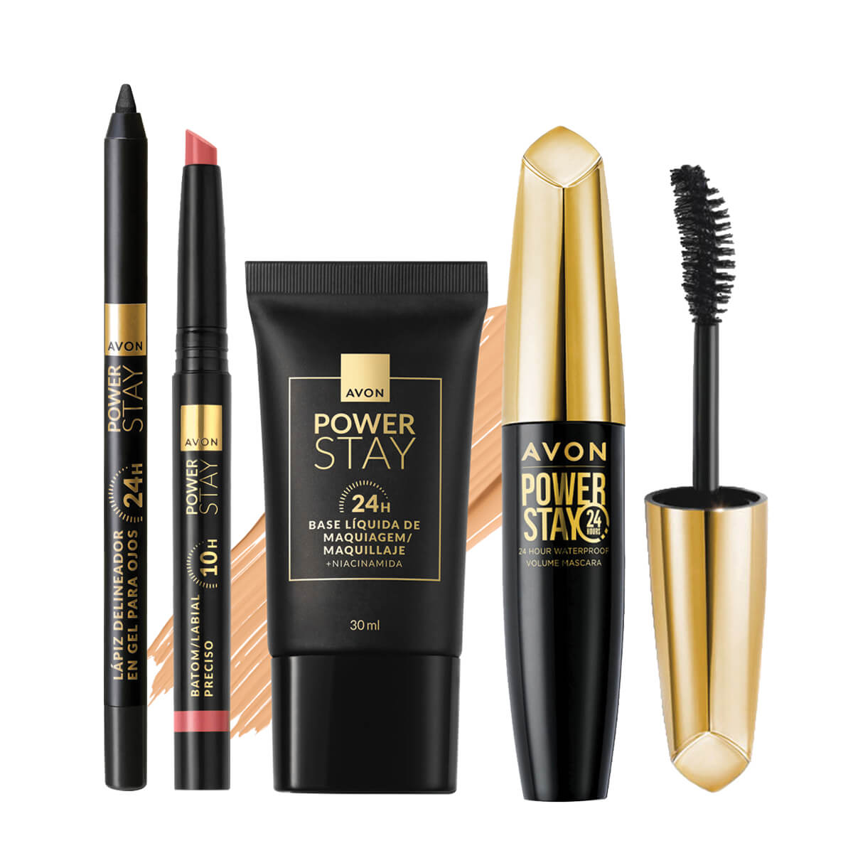 Set x4 Lápiz Labial Preciso Blush Courage + Base Líquida Fair 140 Q + Delineador en Gel para Ojos | Power Stay 24hs Black + Máscara para Volumen para Pestañas | Power Stay