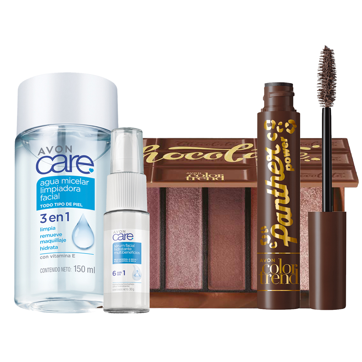 Set x4 Paleta de Sombra | Color Trend Chocolate + Sérum Multibenefícios 6 en 1 | Avon Care + Máscara para Pestañas Efecto Felino| Color Trend Chocolate + Agua Micelar 3 en 1 | Avon care