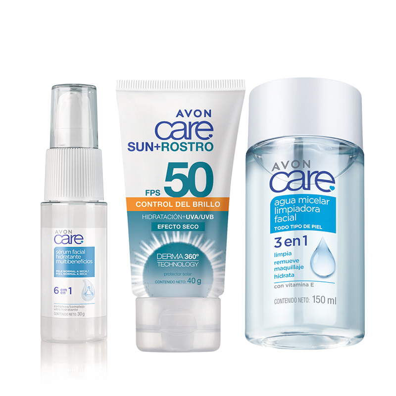 Set x3 Sérum Multibenefícios 6 en 1 | Avon Care + Agua Micelar 3 en 1 | Avon care + Protector Solar Control de Brillo FPS 50 | Avon Care Sun+