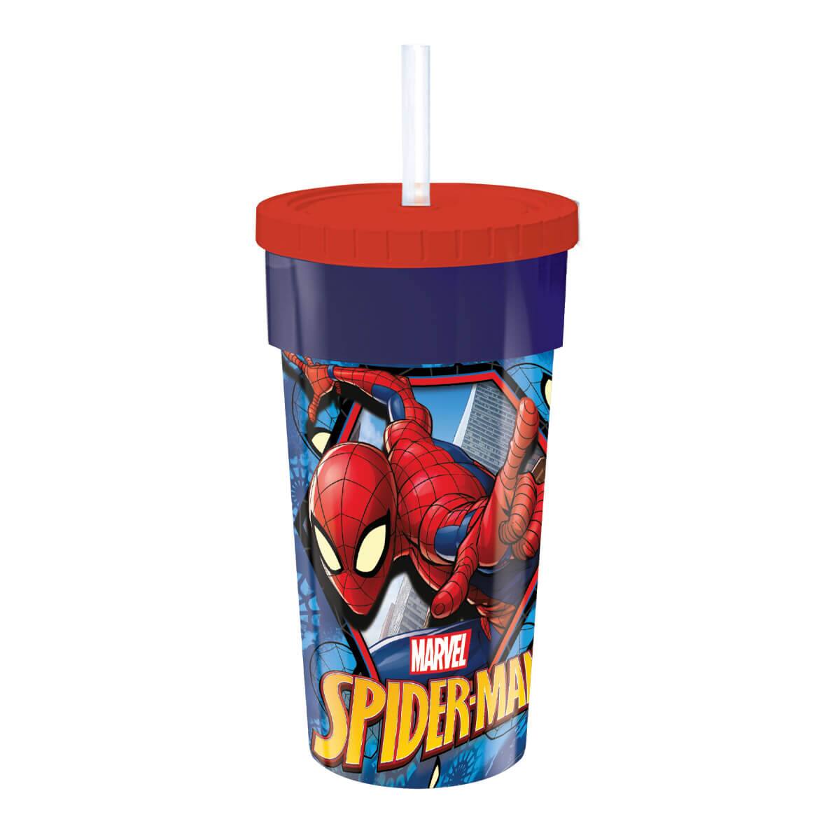 Vaso con Tapa y Sorbete Spiderman