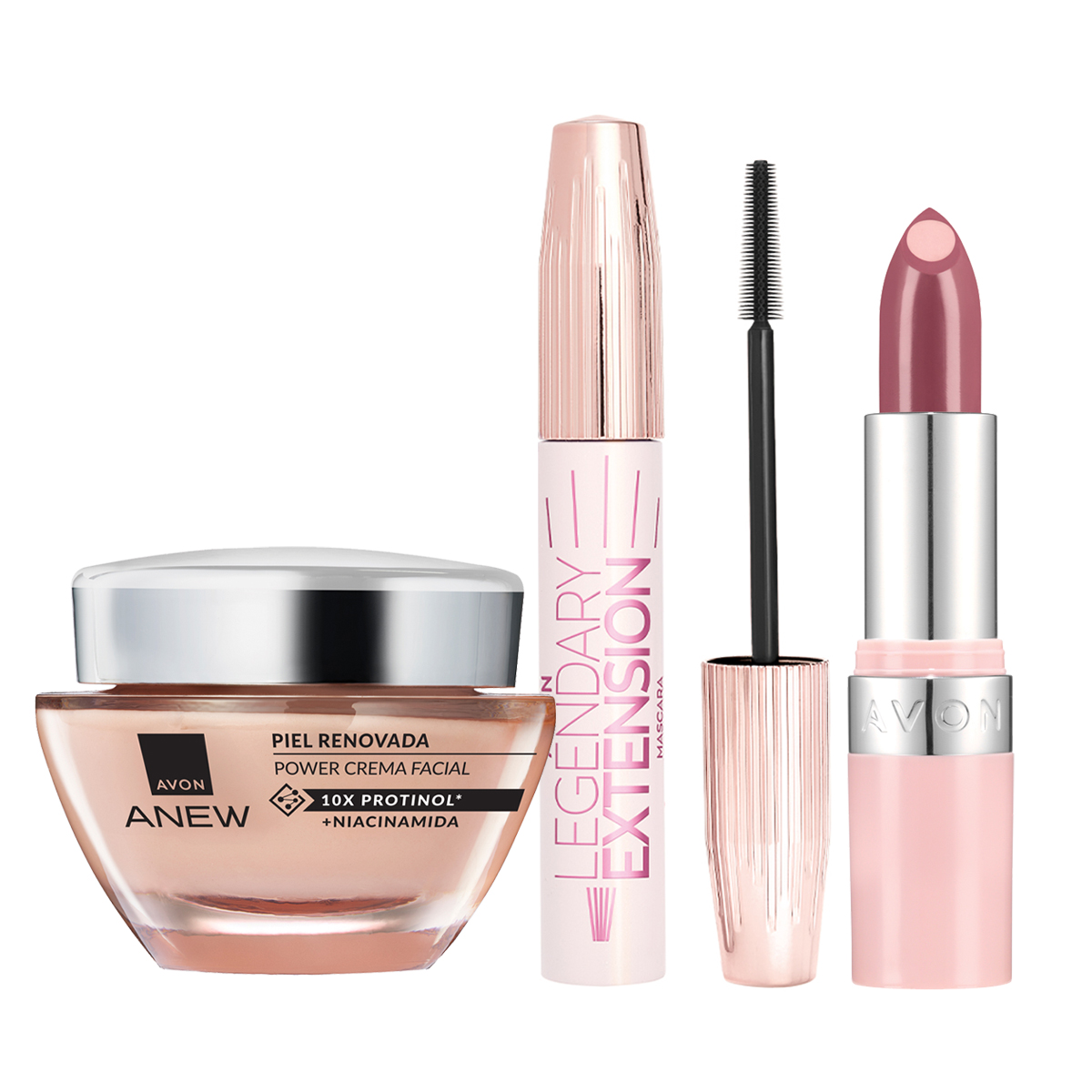 Set x3 Crema Facial | Anew Power + Lápiz Labial Hydramatic Radiante- Mauvelous + Máscara Alargadora para Pestañas Legendary Extension | Avon