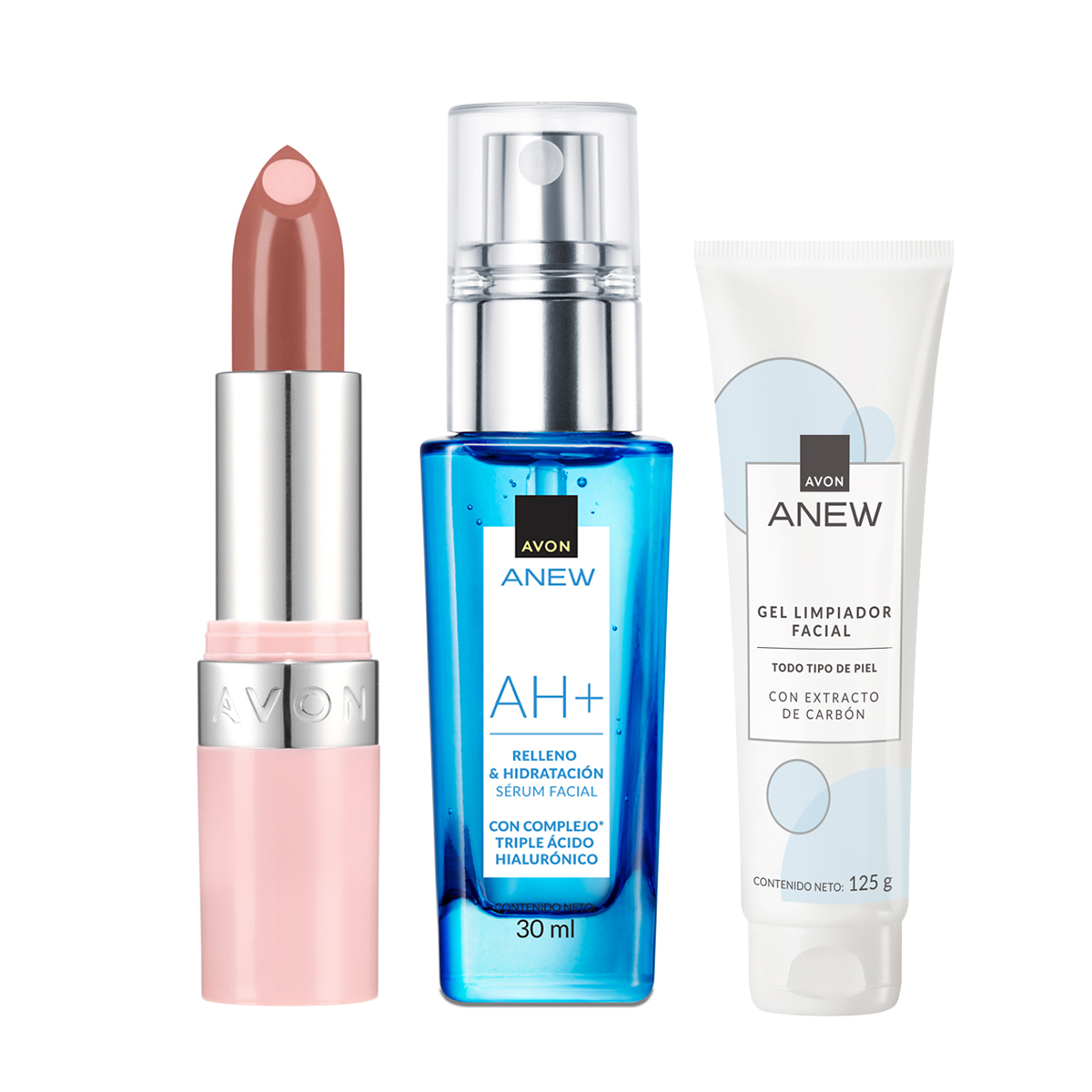 Set x3 Sérum facial concentrado con triple ácido hialurónico + Gel Limpiador Facial + Lápiz Labial Hydramatic Radiante- Mauve Crème | Avon