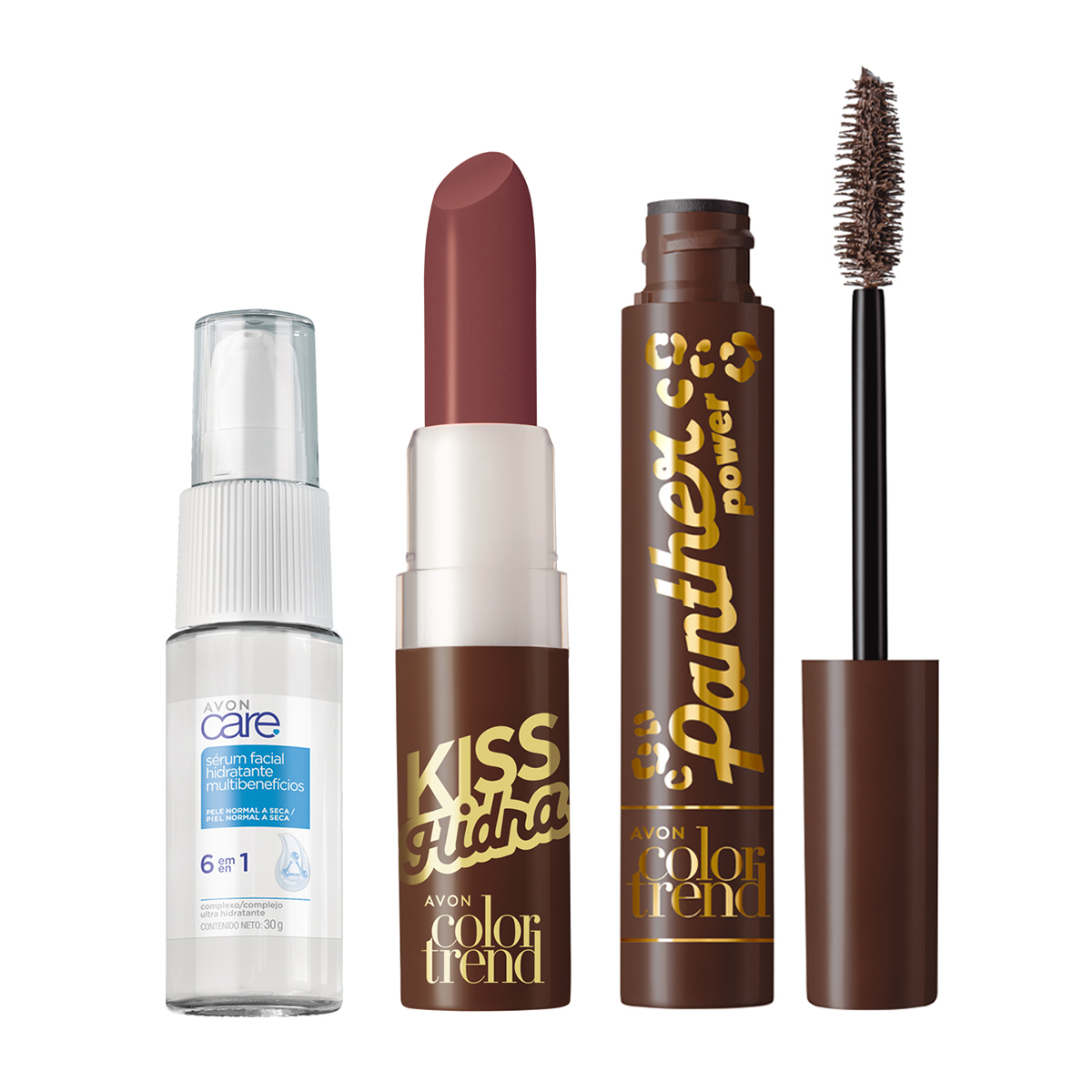 Set x3 Labial Kiss Hidra | Color Trend Chocolate Brownie + Sérum Multibenefícios 6 en 1 | Avon Care + Máscara para Pestañas Efecto Felino| Color Trend Chocolate