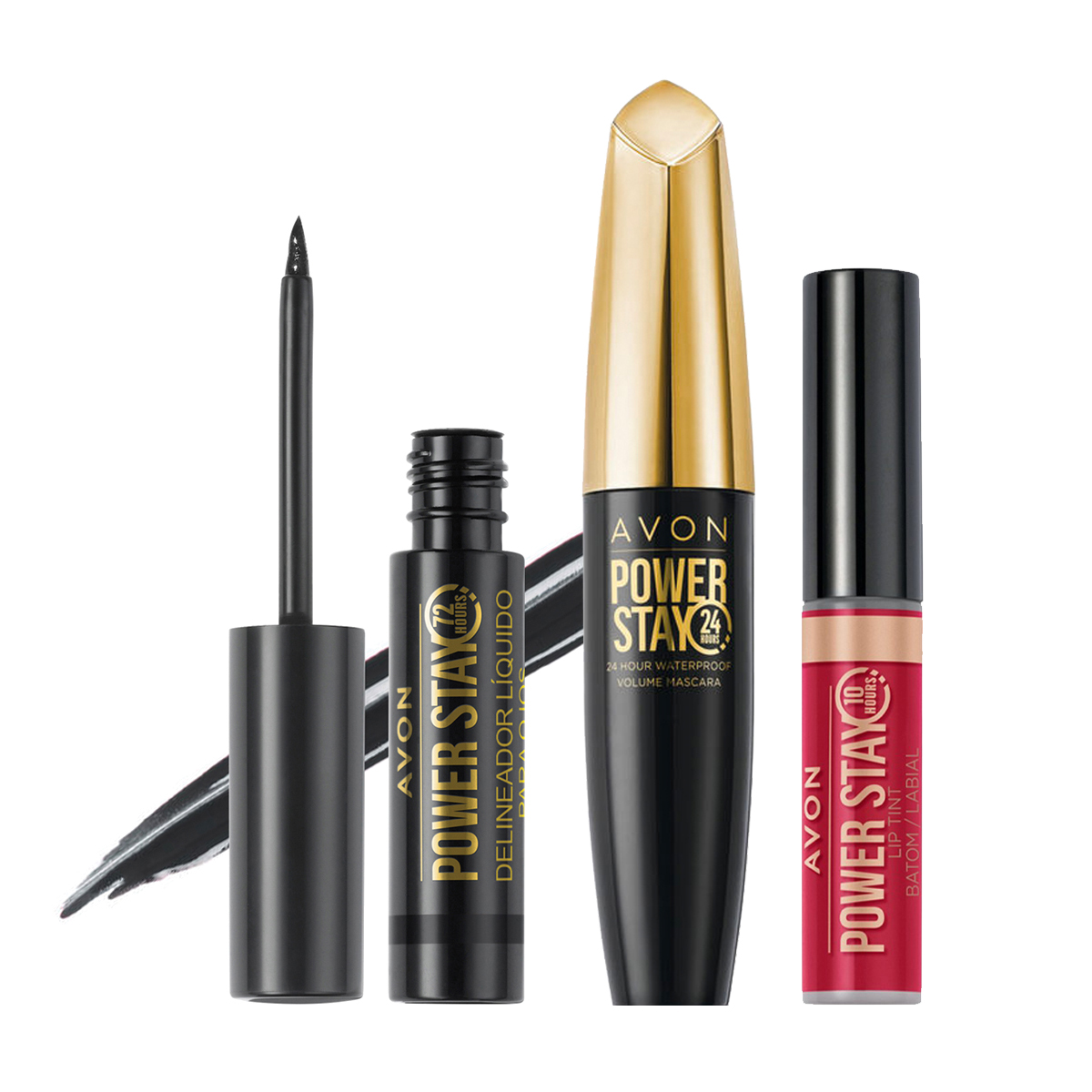 Set x3 Delineador Líquido Ojos Larga Duración + Tinte Labial Kiss & Tell + Máscara Volumen Pestañas | Power Stay