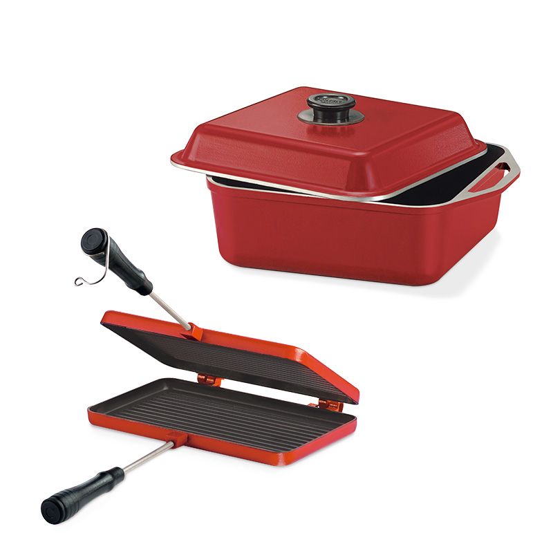 Set x2 Grill + Cacerola Cuadrada roja Cucina Donna