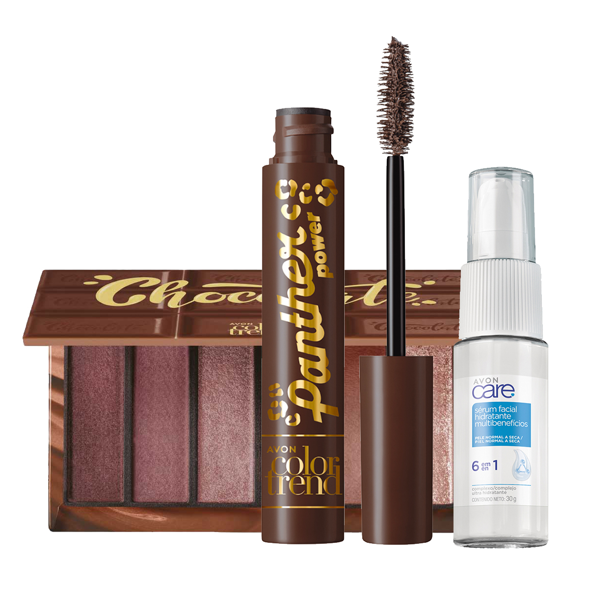 Set x3 Paleta de Sombra | Color Trend Chocolate + Sérum Multibenefícios 6 en 1 | Avon Care + Máscara para Pestañas Efecto Felino| Color Trend Chocolate