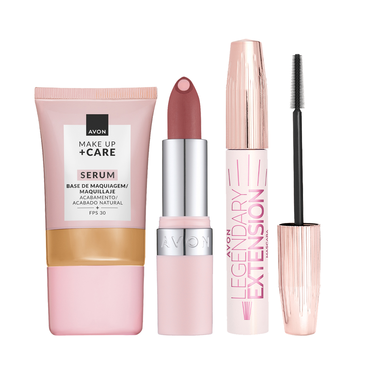 Set x3 Base Serum Acabado Natural | Avon 240 N (Medium Beige) + Lápiz Labial Hydramatic Matte - Mauve + Máscara para Pestañas Legendary Extension | Avon