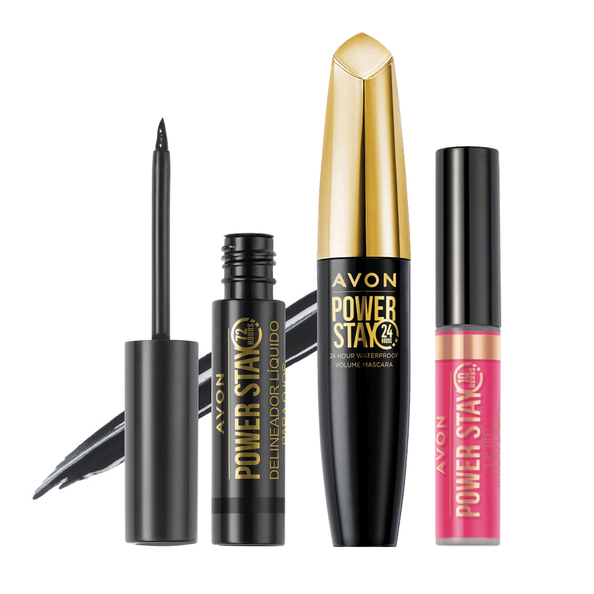 Set x3 Delineador Líquido para Ojos de Larga Duración | Power Stay Blackest Black + Tinte Labial | Power Stay Love With Passion + Máscara para Volumen para Pestañas | Power Stay