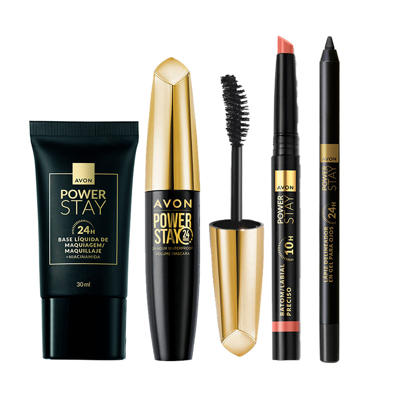Set x4 Lápiz Labial Preciso Power Stay | Coral Queen+ Base Líquida | Power Stay Fair 140 Q + Delineador en Gel para Ojos | Power Stay 24hs Black + Máscara para Volumen para Pestañas | Power Stay