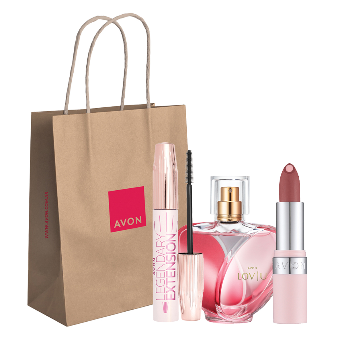 Set x3 Lápiz Labial Hydramatic Matte - Mauve | Avon + Lov|u | Perfume de Mujer + Máscara Alargadora para Pestañas Legendary Extension | Avon