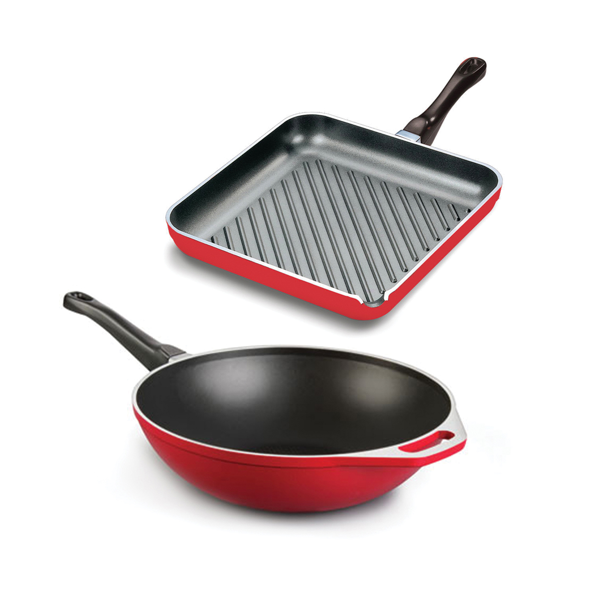 Set x2 Wok 30cm | Rojo - Cucina Donna + Plancha bifera 25 cm | Roja -Cucina Donna