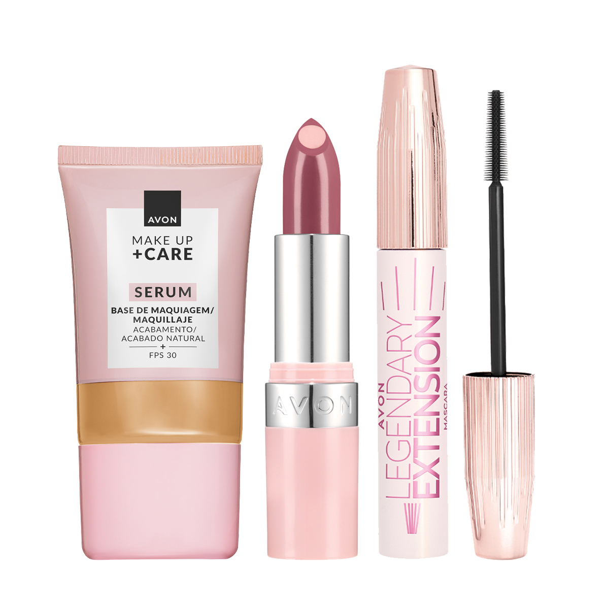 Set x3 Base Serum Acabado Natural | Avon 230 NF (Natural Beige) + Lápiz Labial Hydramatic Radiante- Mauvelous + Máscara Alargadora para Pestañas Legendary Extension | Avon