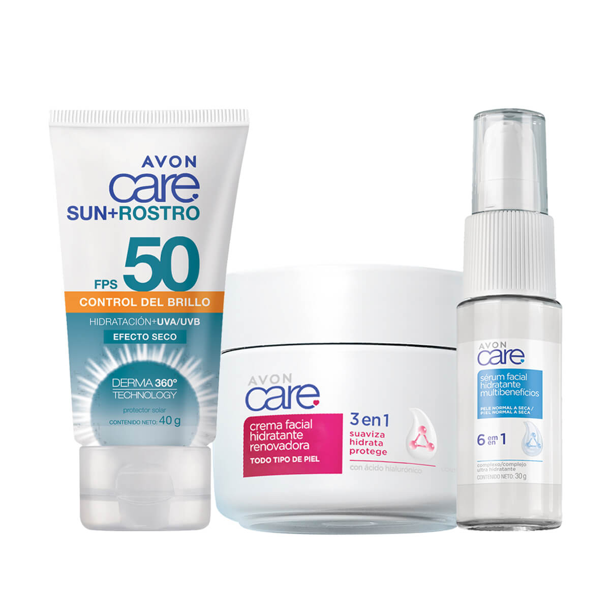 Set x3 Protector Solar Control de Brillo FPS 50 | Avon Care Sun+ + Sérum Multibenefícios 6 en 1 | Avon Care + Crema Facial 3 en 1 Hidratante Renovadora | Avon Care