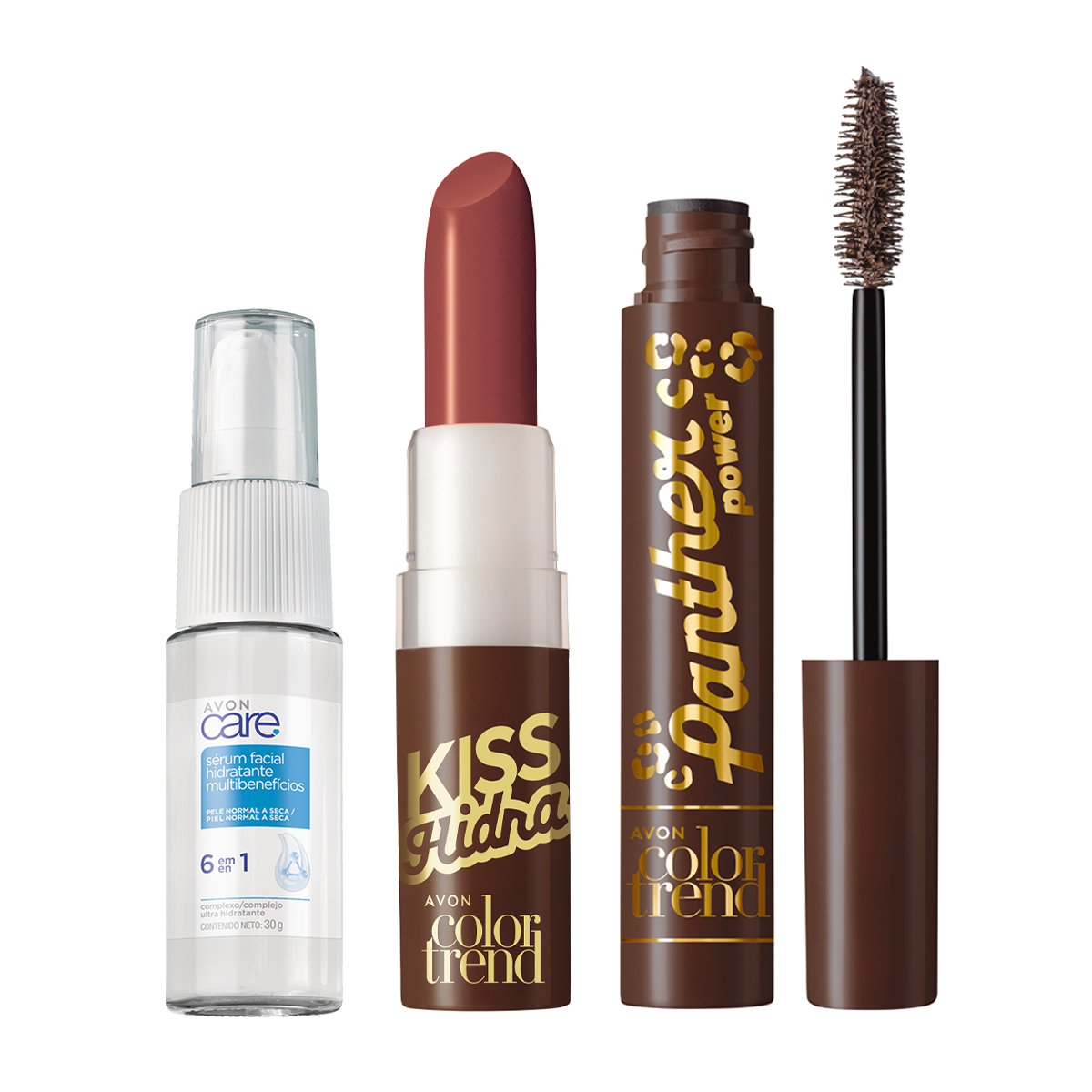 Set x3 Labial Kiss Hidra | Color Trend Chocolate Toffee + Sérum Multibenefícios 6 en 1 | Avon Care + Máscara para Pestañas Efecto Felino| Color Trend Chocolate