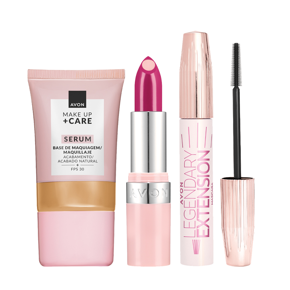 Set x3 Base Serum Acabado Natural | Avon 240 N (Medium Beige) + Lápiz Labial Hydramatic Radiante-Fuchsia + Máscara para Pestañas Legendary Extension | Avon