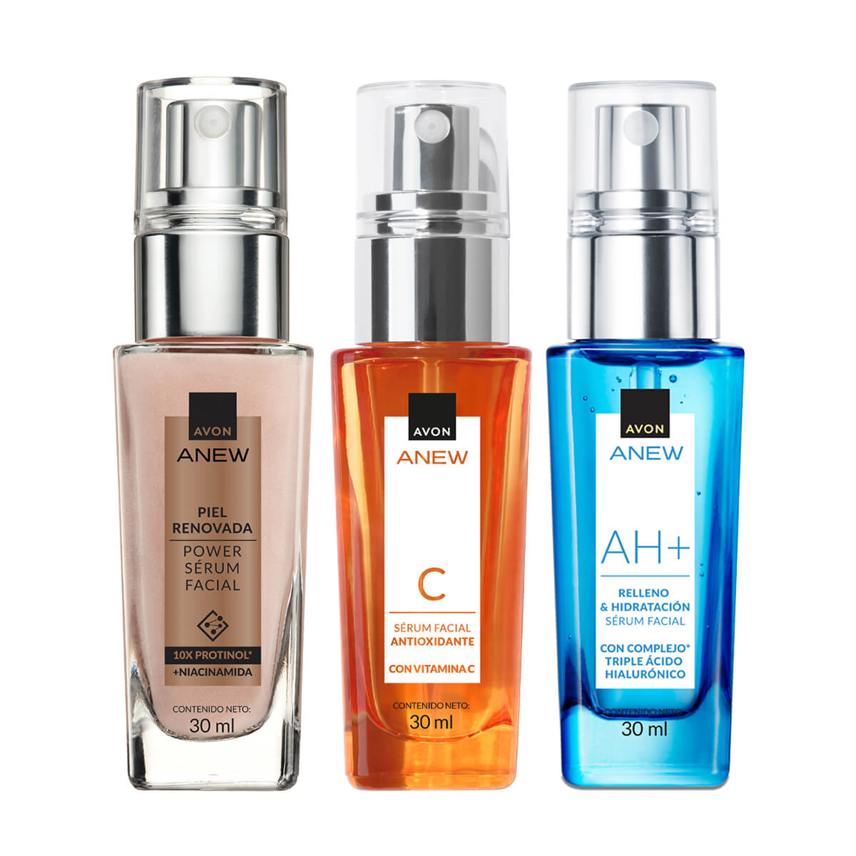 Set x3 Sérum facial concentrado con triple ácido hialurónico | Anew + Sérum Facial con Niacinamida Protinol Power | Anew + Sérum Vitamina C | Anew