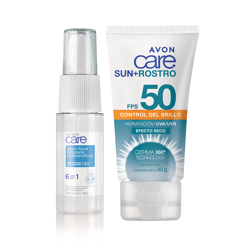 Set x2 Sérum Multibenefícios 6 en 1 | Avon Care + Protector Solar Control de Brillo FPS 50 | Avon Care Sun+