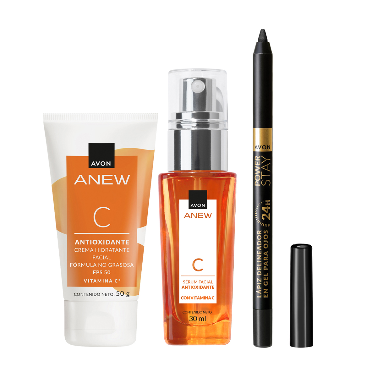 Set x3 Crema Vitamina C | Anew + Sérum Vitamina C | Anew + Delineador en Gel para Ojos | Power Stay 24hs Black