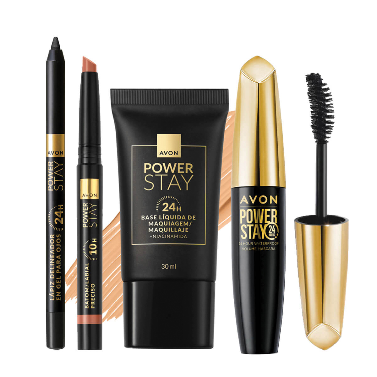 Set x4 Base Líquida | Power Stay Fair 140 Q + Lápiz Labial Preciso | Power Stay Bronze Champion + Delineador en Gel para Ojos | Power Stay 24hs Black + Máscara para Volumen para Pestañas | Power Stay