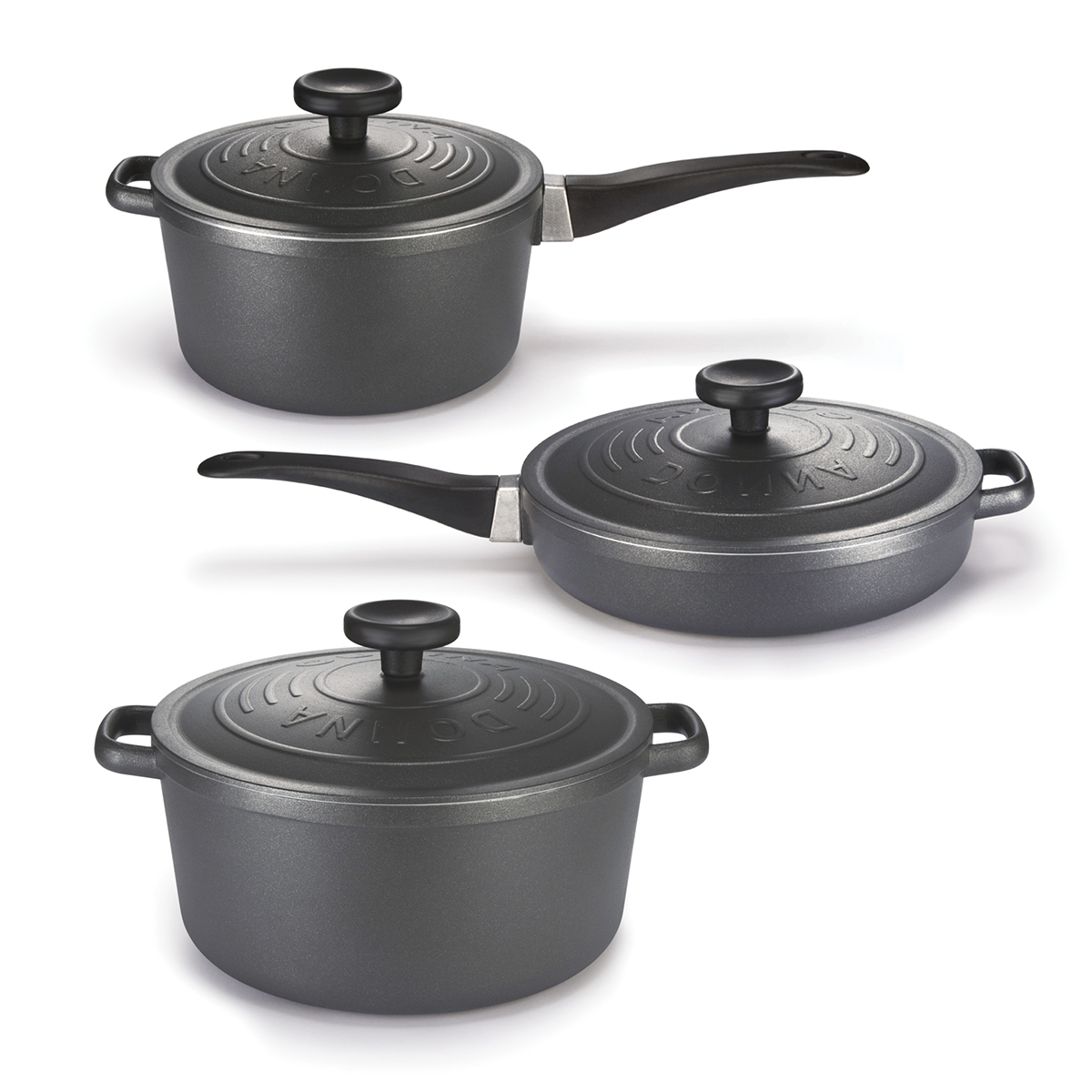 Set x3 Cacerola 26cm + Cacerola 22cm + Sartén 24 cm con tapa Negro | Cucina Donna
