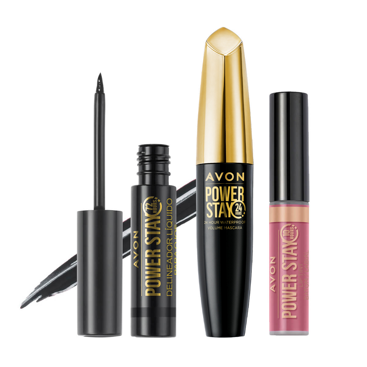 Set x3 Delineador Líquido para Ojos de Larga Duración Blackest Black + Tinte Labial She’s a Natural + Máscara para Volumen para Pestañas | Power Stay