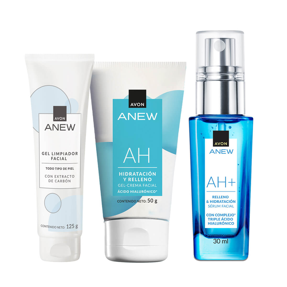 Set x3 Crema Gel facial con triple ácido hialurónico | Anew + Sérum facial concentrado con triple ácido hialurónico | Anew + Gel Limpiador Facial | Anew