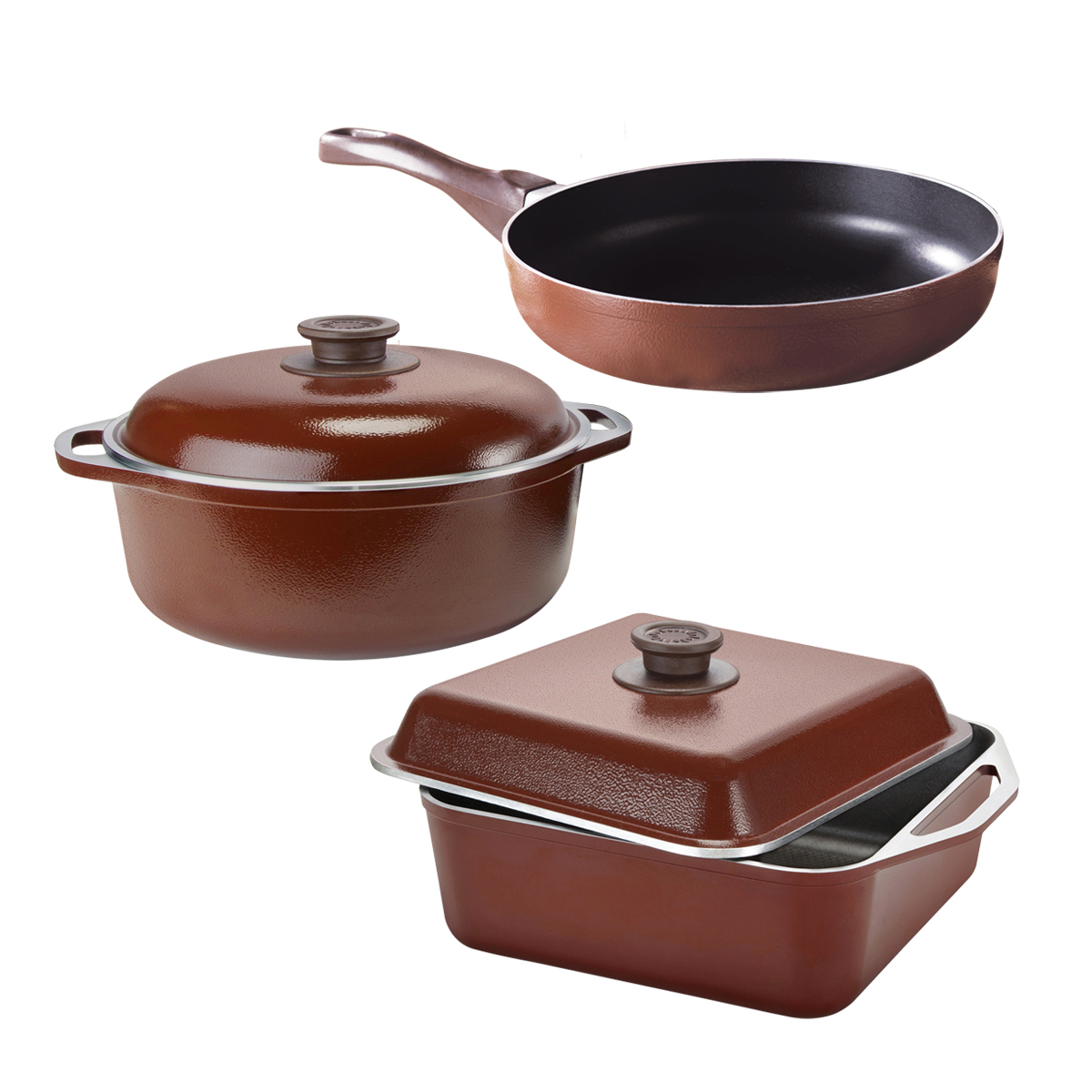 Set x3 Olla Cuadrada 26 cm | Marrón - Cucina Donna + Sartén 24 cm | Marrón - Cucina Donna + Olla 24 cm | Marrón - Cucina Donna