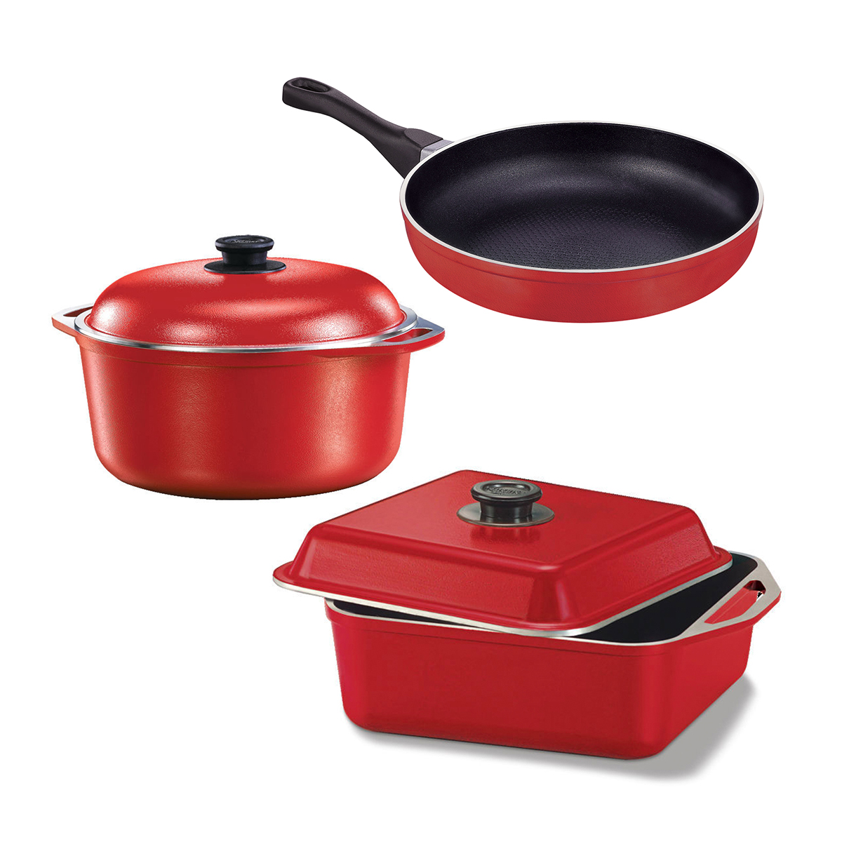 Set x3 Sartén 24 cm | Rojo - Cucina Donna + Olla 24 cm | Rojo - Cucina Donna + Olla cuadrada 26 cm | Roja - Cucina Donna