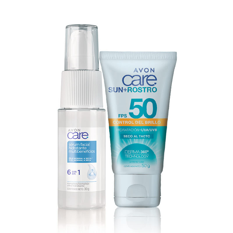 Set x2 Sérum Multibenefícios 6 en 1 | Avon Care + Protector Solar Control de Brillo FPS 50 | Avon Care Sun+
