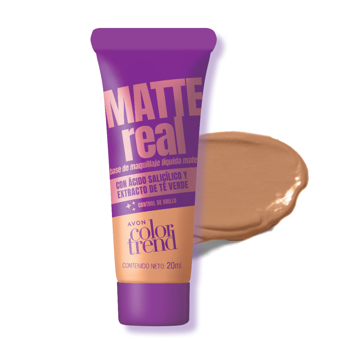 Base de Maquillaje Líquida Mate con Ácido Salicílico y Extracto de Té Verde Color Trend Matte Real - 345N Beige Medio