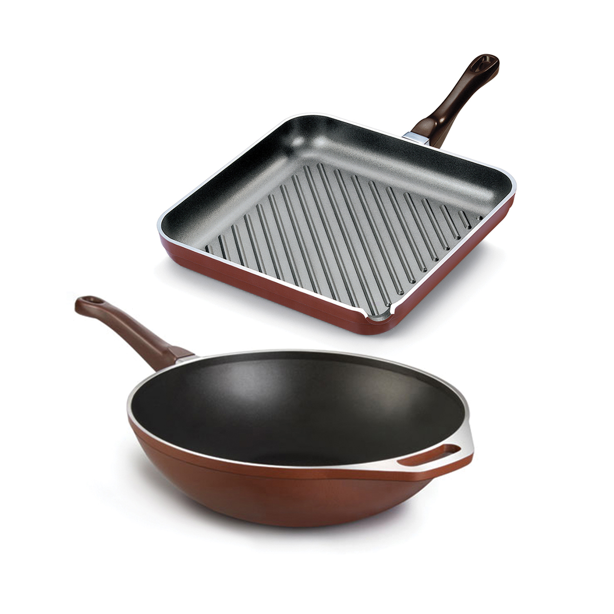 Set x2 Wok 30cm | Marrón - Cucina Donna + Plancha bifera 25 cm | Marrón - Cucina Donna