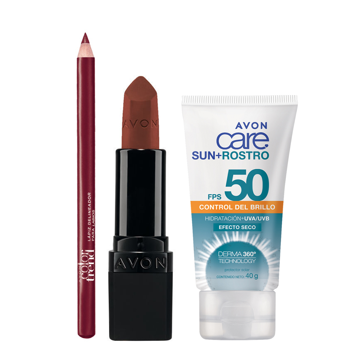 Set x3 Labial Ultra Matte | Ultra Divine Twig + Delineador de Labios en Lápiz | Color Trend Borgoña+Protector Solar Hidratante Avon Care