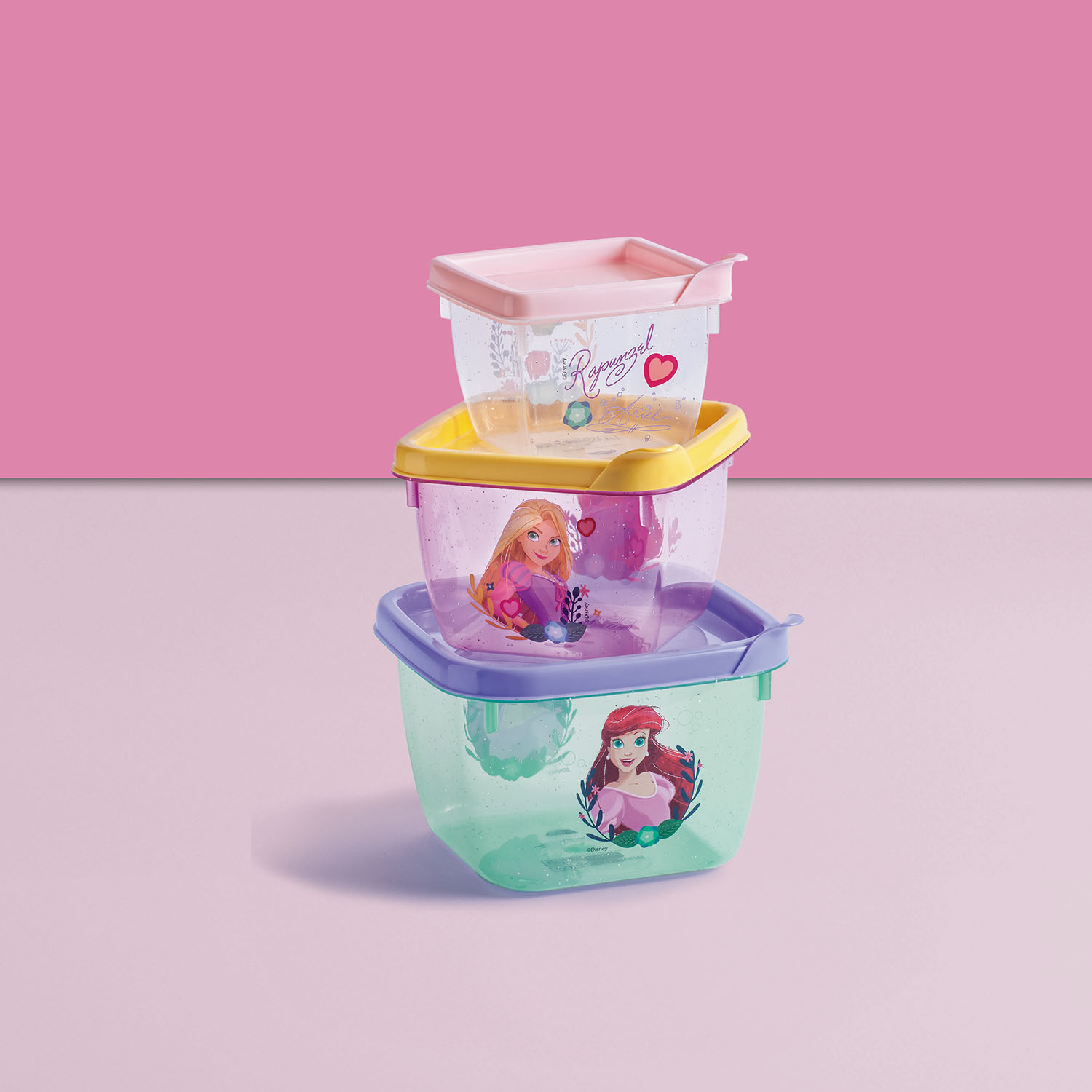 KIT 3 POTES QUADRADOS ARIEL E RAPUNZEL
