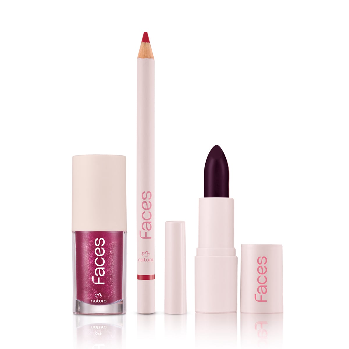 Kit Batom Vinho Rocks, Lápis Red Love e Gloss Malva Vibe Faces (3 produtos)