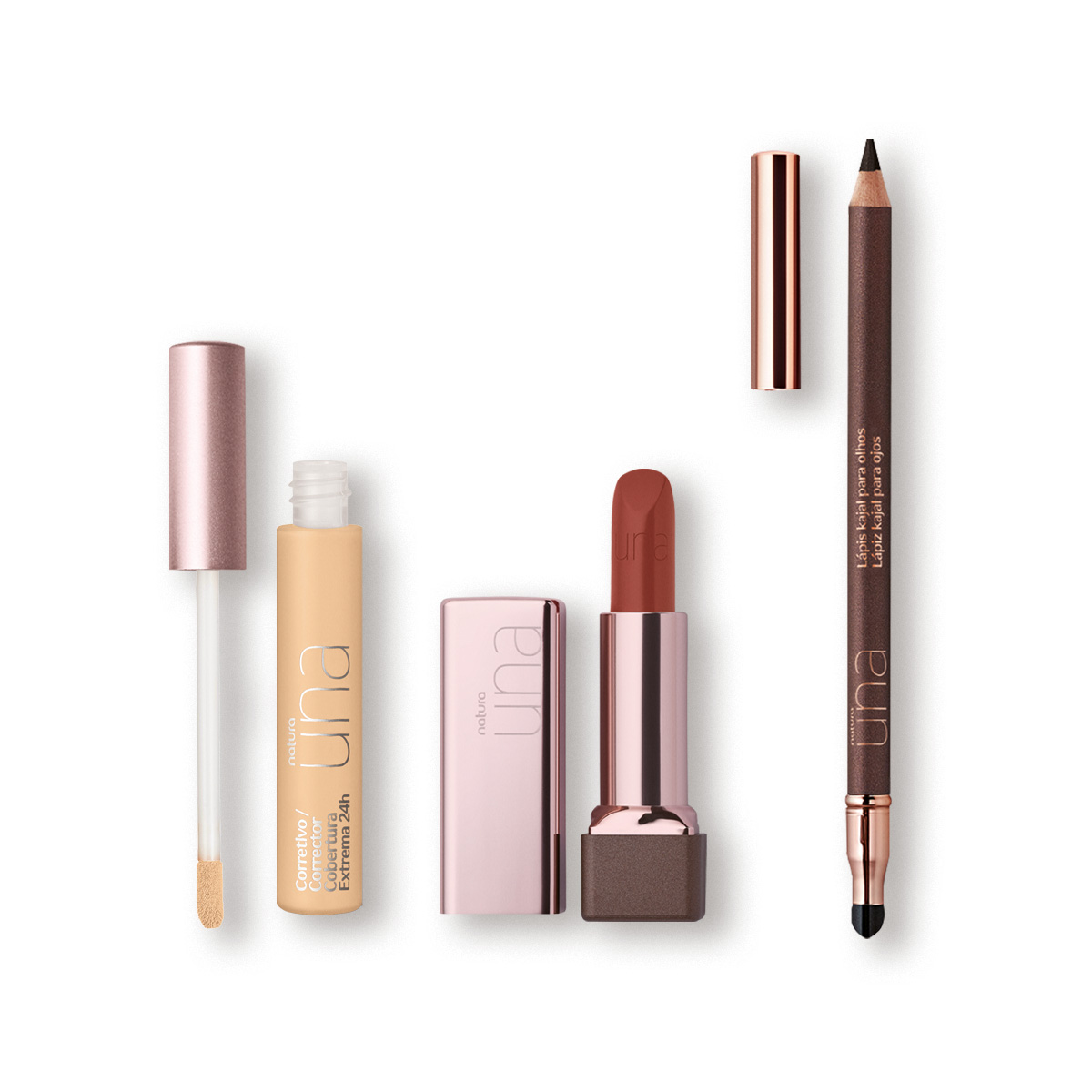 Kit Una Corretivo Cobertura Extrema 24h, Lápis Kajal Preto e Batom CC Nude 2C
