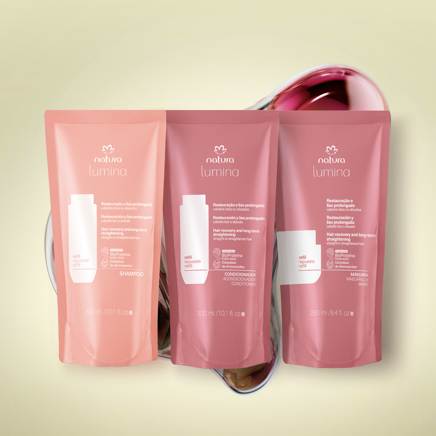 Kit Refil Shampoo, Condicionador e Máscara Lumina para Restauração e Liso Prolongado 1