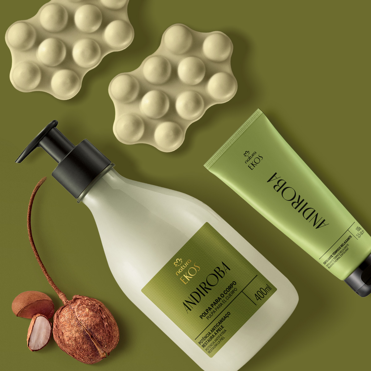 Kit Ekos Andiroba Creme para o Corpo, Esfoliante Térmico e Sabonete Massageador