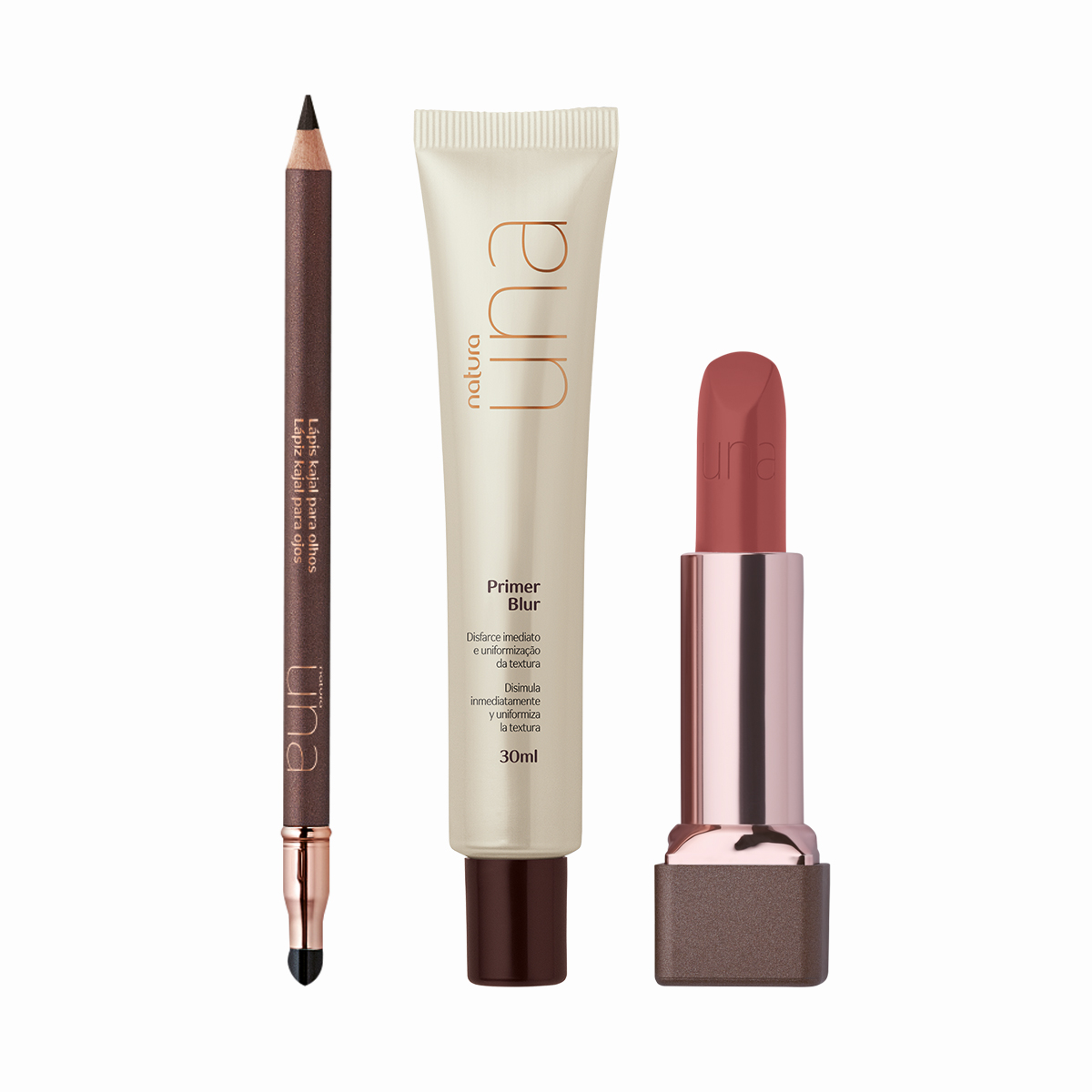 Kit Una Primer Blur, Lápis Kajal Preto e Batom CC Nude 2C (3 produtos)
