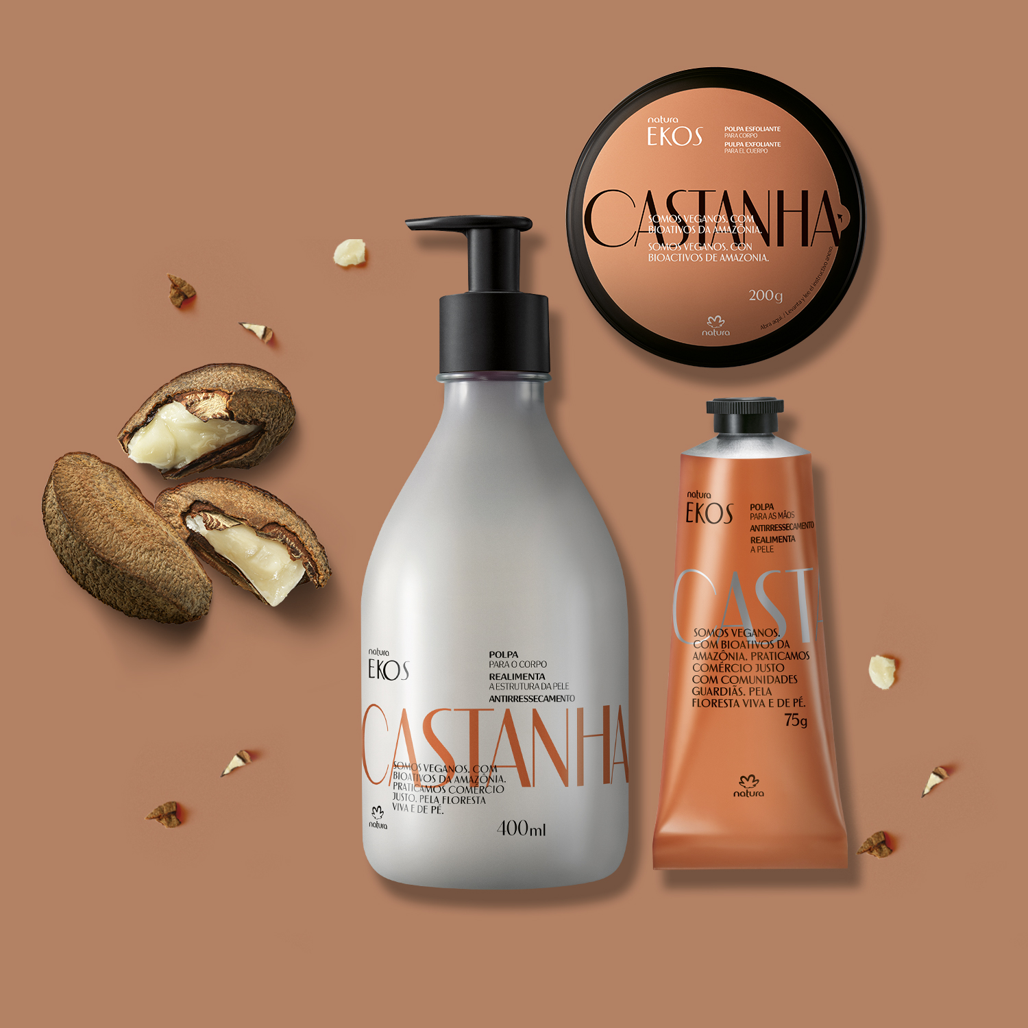 Kit Ekos Castanha Esfoliante e Hidratante Corpo e Mãos (3 produtos)