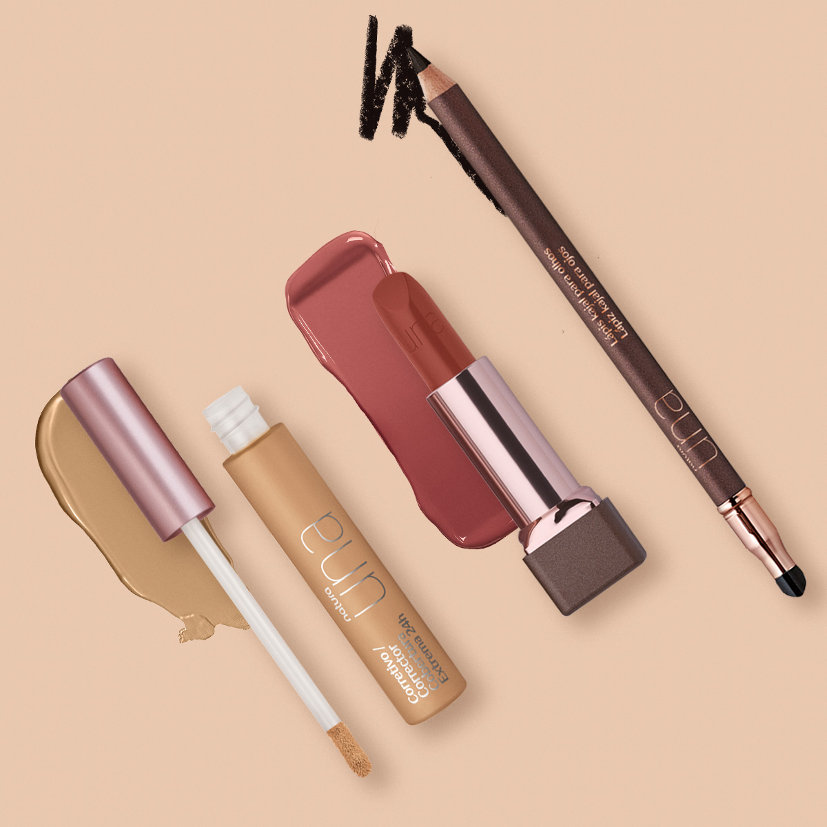 Kit Una Corretivo Cobertura Extrema 24h, Lápis Kajal Preto e Batom CC Nude 2C