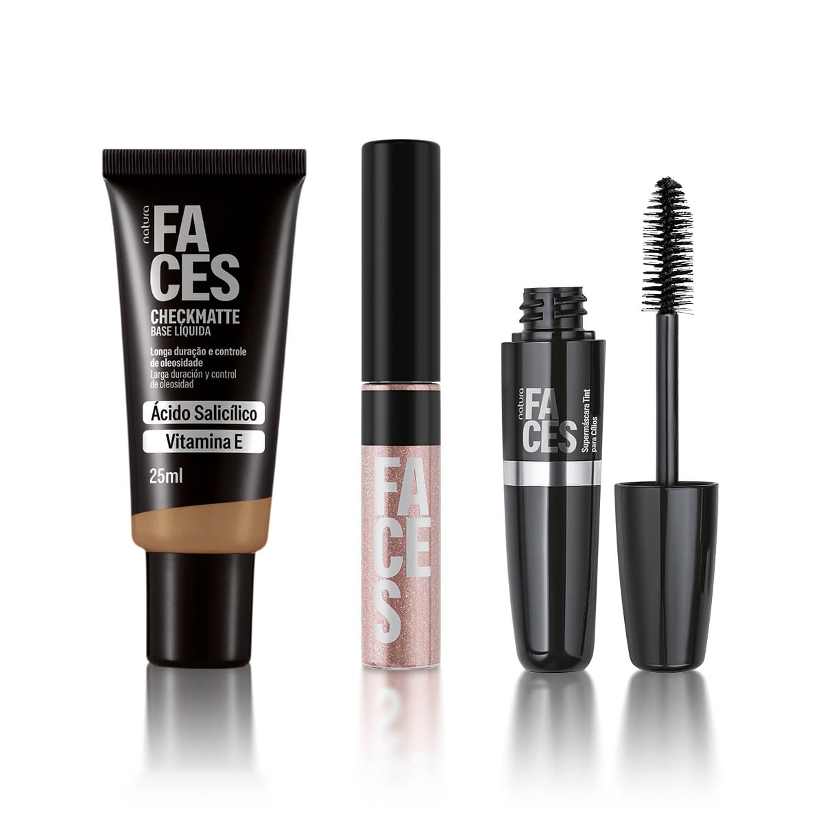 Kit Faces Base Checkmatte, Máscara de Cílios Tint e Gloss