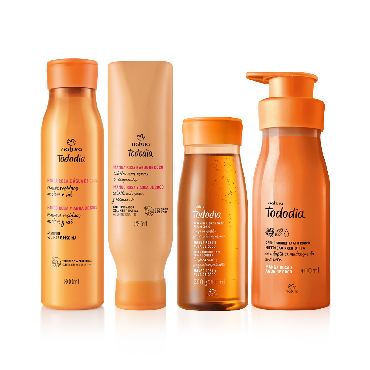 Kit Shampoo, Condicionador, Sabonete e Creme Tododia Manga Rosa e Água de Coco